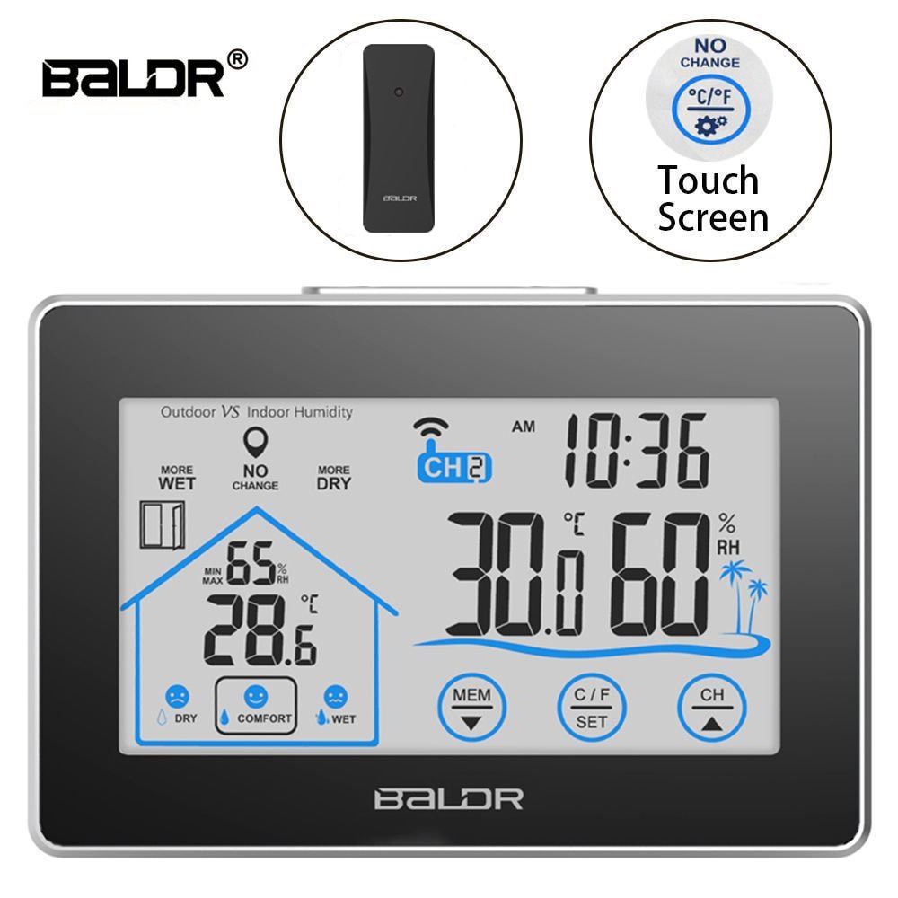Baldr-Estación Meteorológica Inalámbrica, termómetro con pantalla táctil, higrómetro, Sensor de pronóstico para interior y exterior, calendario, 3 canales