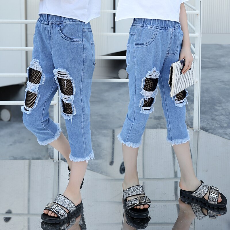 freundlicher Mädchen Kalb-länge Zerrissene Jeans Hosen Für Jugendliche Denim Jeans Für Mädchen 4 5 6 7 8 9 10 11 12 13 jahre Throusers