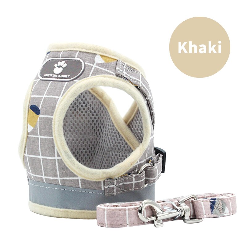 Dog Harness with Leash Adjustable Vest Walking Supplies Soft Breathable Plaid Collar Pet Accessories for Small Medidum Large Dog: Khaki / XL
