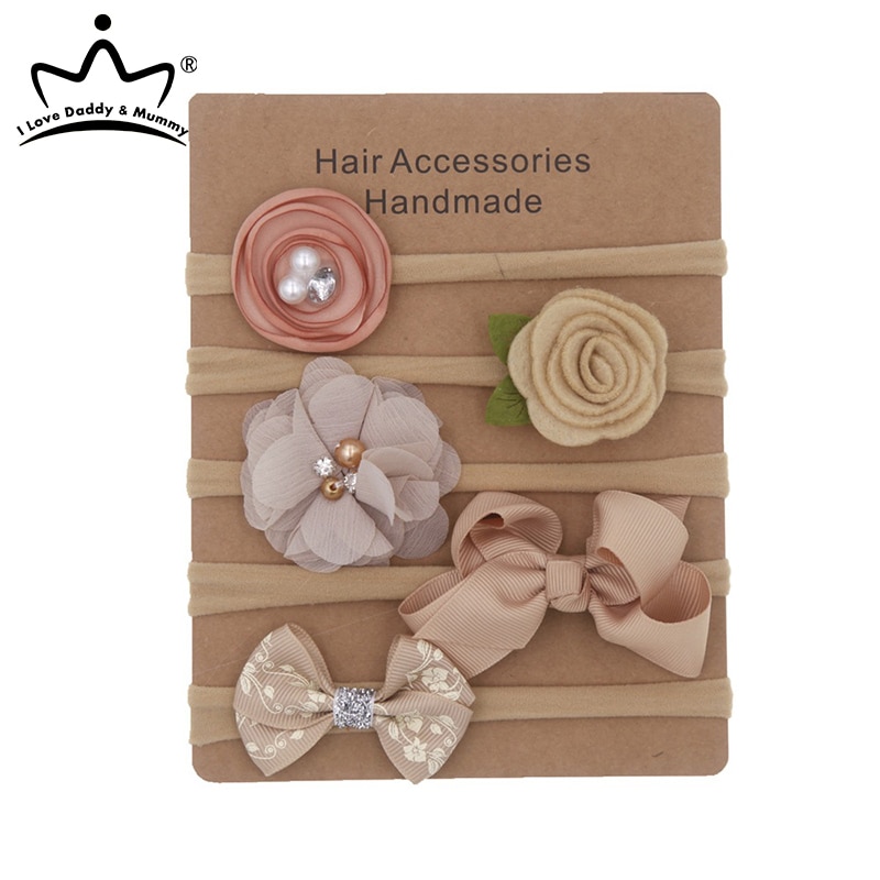 5 Pcs/Set Nylon Soft Baby Headband Pearl Flower Baby Girl Headbands Lace Bow Infant Kids Elastic Hair Band