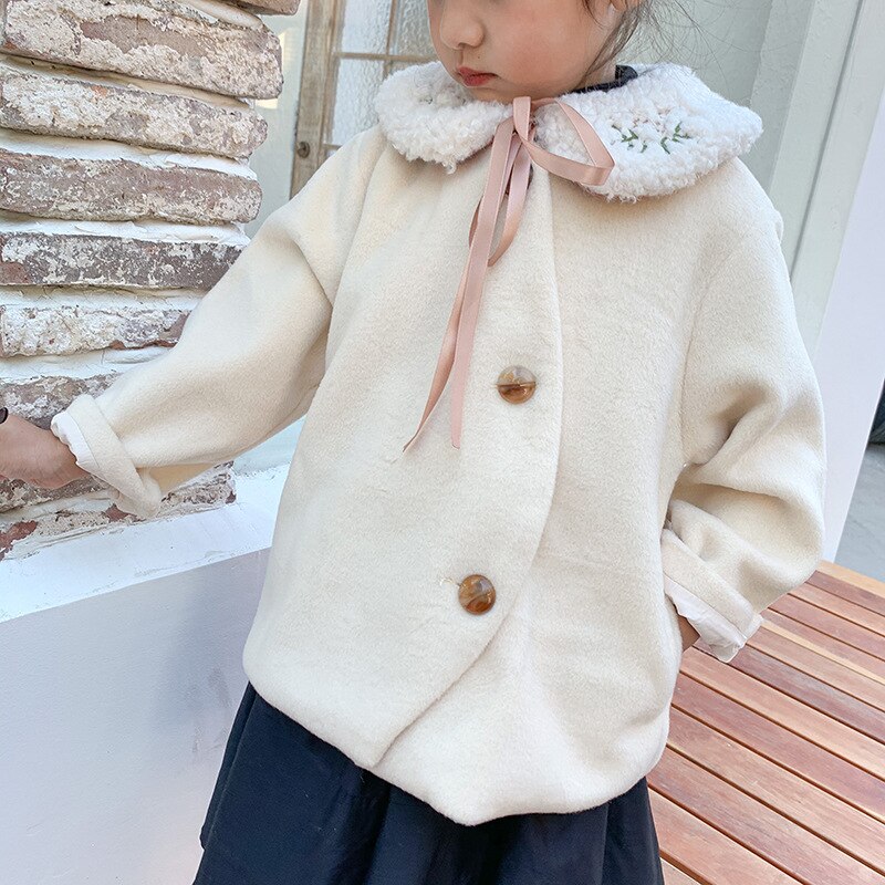 Manteau duffle-coat chic pour filles coréennes automne et hiver veste à col rond pour enfants vêtements manteau surdimensionné pour enfants sans col en flanelle: Beige / 24m