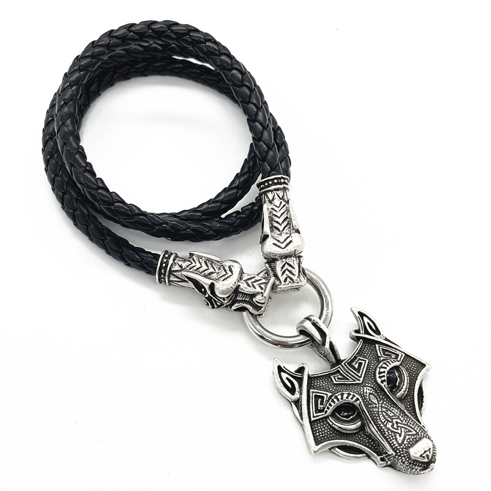 Zwarte Ogen Wolf Hoofd Hanger Viking Wolven Heads Lederen Collier Heidense Wicca Talisman Sieraden
