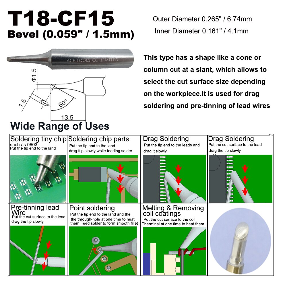 T18-CF15 Soldering Tip Bevel 1.5mm 0.059" Fit HAKKO FX-888 FX-888D FX-8801 FX-600 Lead Free Iron Bit Nozzle Pencil Wedling