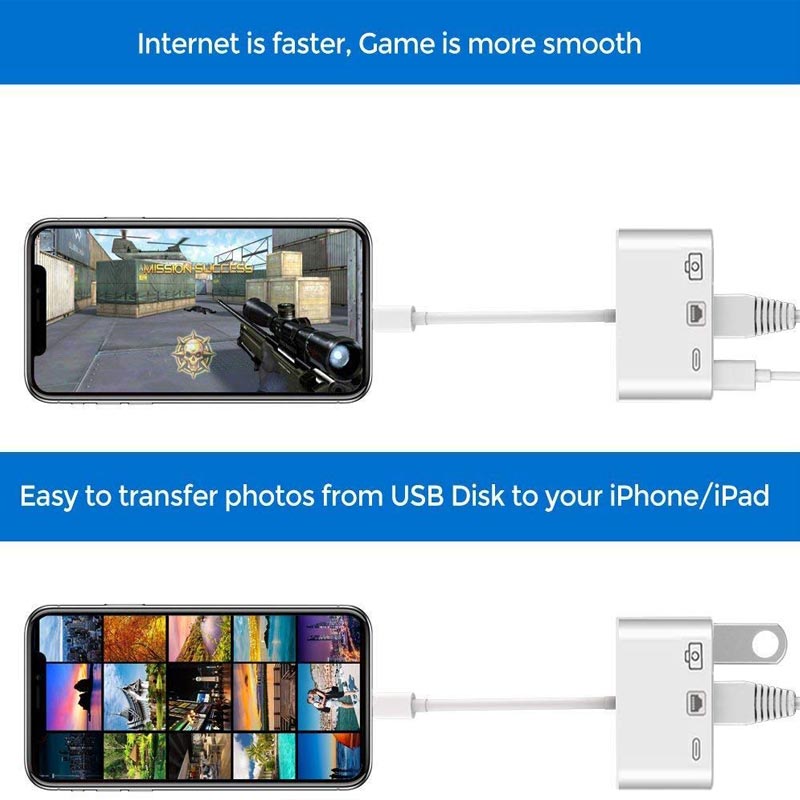 Ingelon【adaptateur Lightning vers Ethernet (Port RJ45), + USB + adaptateur Lightning Hub, adaptateur de caméra pour iPhone, iPad vers USB
