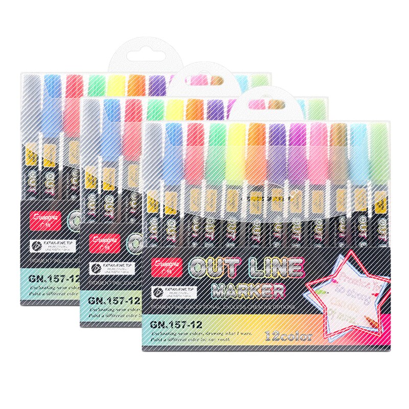 Double Line Outline Pens, 12 Colors Self-Outline Metallic Markers Glitter Writing Drawing Pens for DIY Art Crafts,: 3 set 12 colors C
