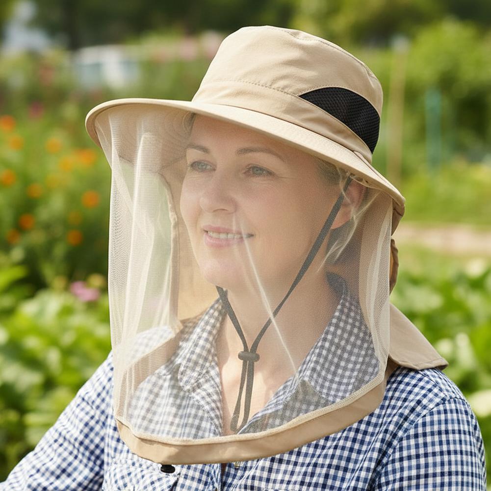 Muggennet zonnehoed voor heren en dames, UV-bescherming, brede rand, bucket hat met gaas, verstelbare kinband voor vissen, wandelen, tuinieren