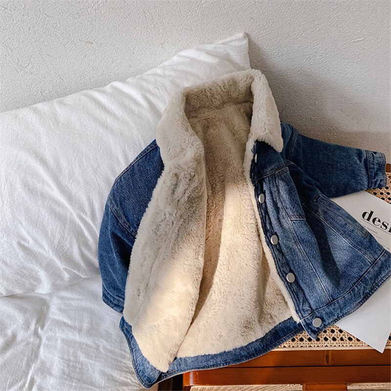 Winter Toddler Kids Warm Thick Denim Jackets Korean style Boys Girls Thick Fur Coats Coats