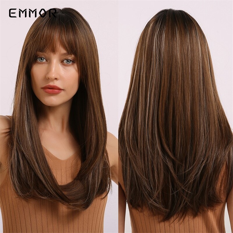 Emmor Synthetic Black Root Ombre Light Golden Blonde Straight Hair Wigs with Bangs High Temperature Cosplay Daily Wig for Women: lc252