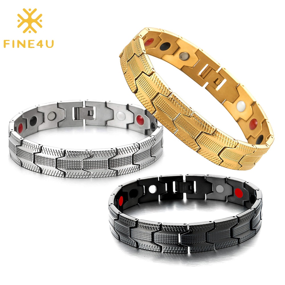 FINE4U B386 Negative ions Magnetic Therapy Bracelet & Bangle Hologram Bio Energy Bracelets Wristband for Men