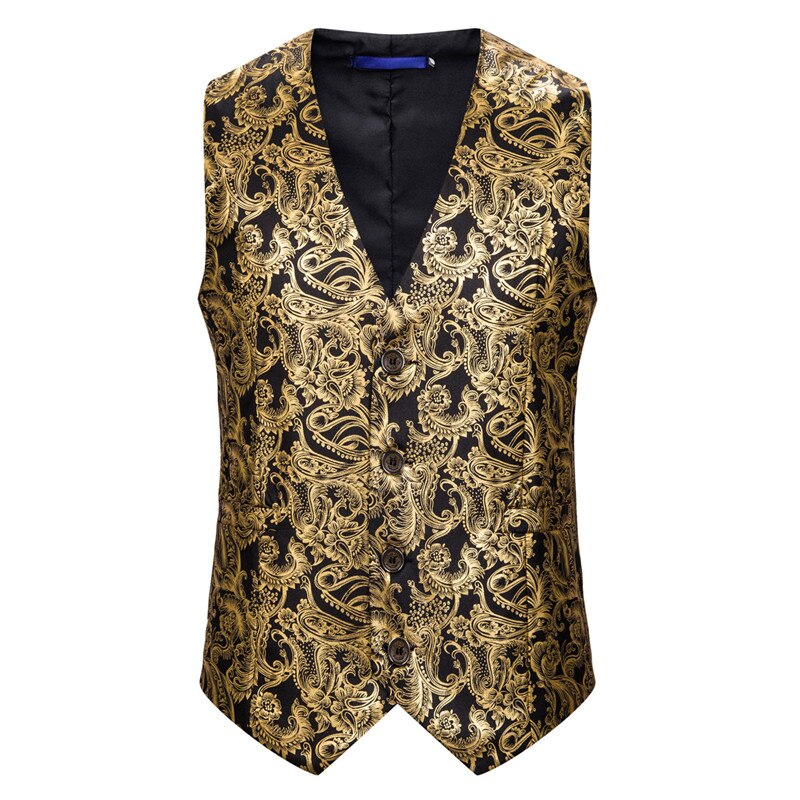 Guld steampunk herr röd väst casual paisley blommiga balklänningar väst herr företag ärmlös slim fit colete masculino: Svart / Euro storlek s