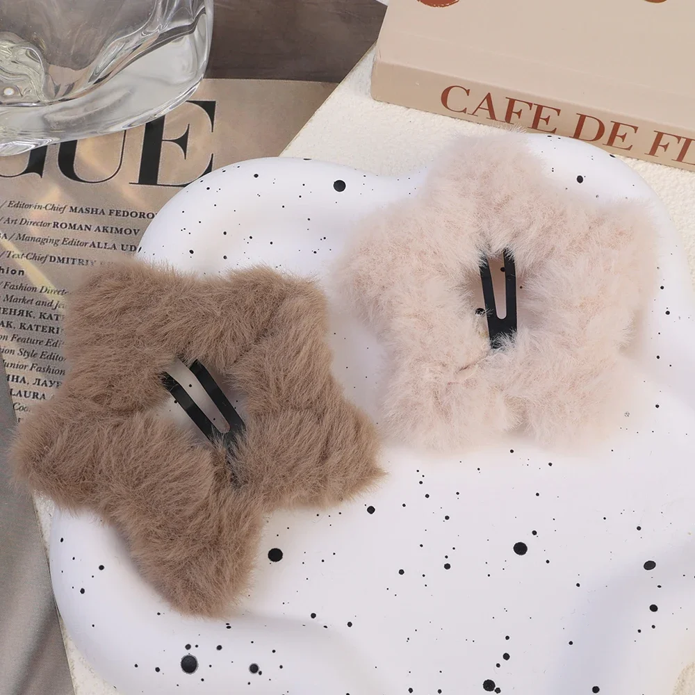 Ins Korean Plush Star Hair Clips for Women Girls Y2K Sweet Fluffy Star Hairpins Barrettes Hair Accessories Headwear