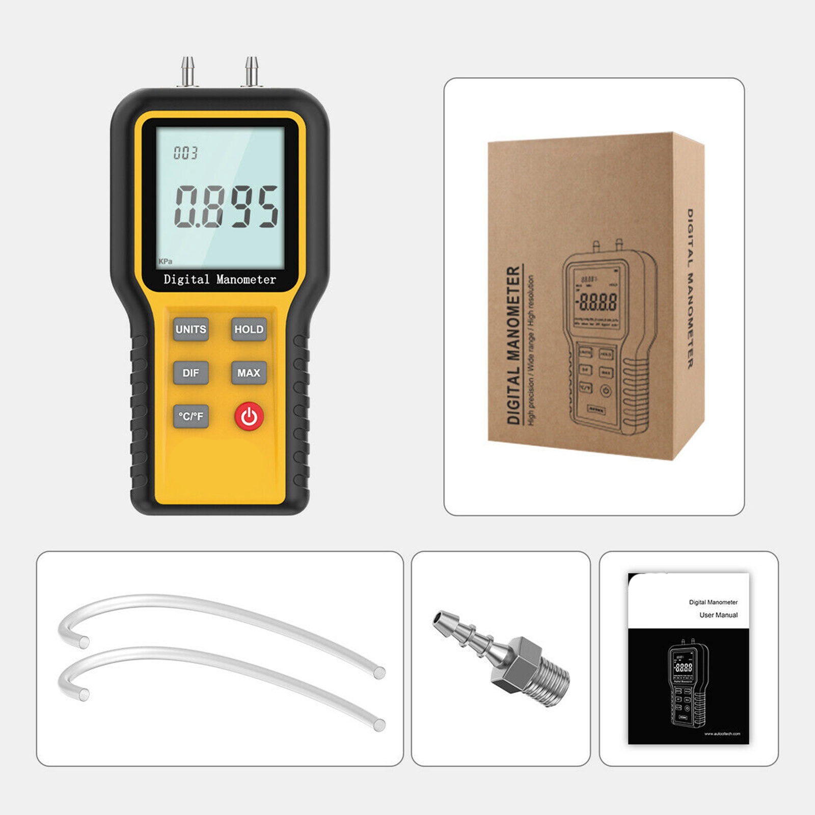 9V Digital LCD Manometer Differential Dual Port Air Pressure Meter HVAC Gas Tester