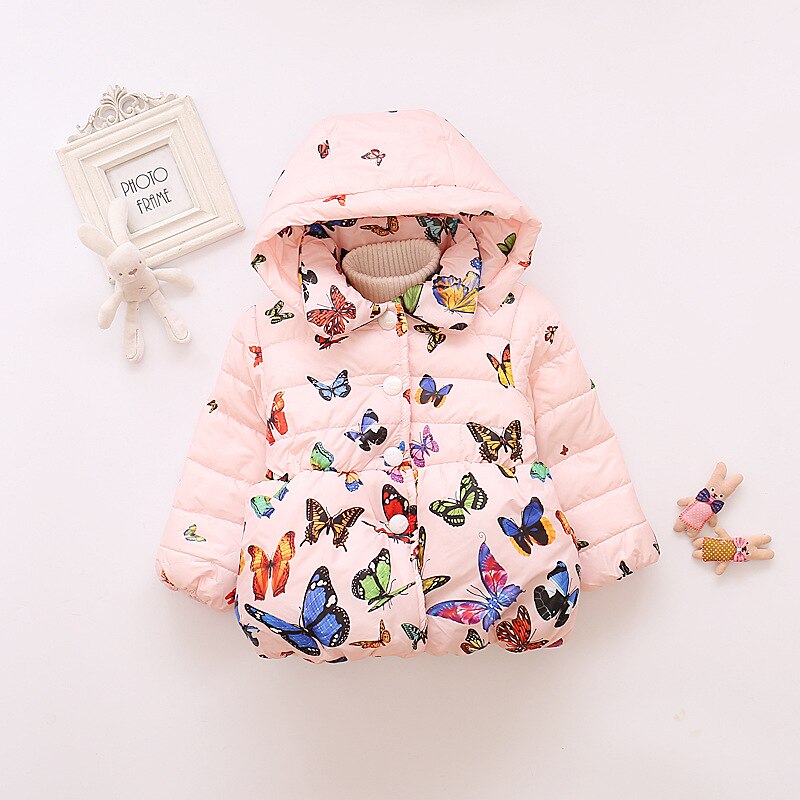 Babymeisjesjas herfst winter vlinderprintjas voor meisjesjas kinderen warme capuchon bovenkleding kinderen peuterkleding: Zwart / 3t