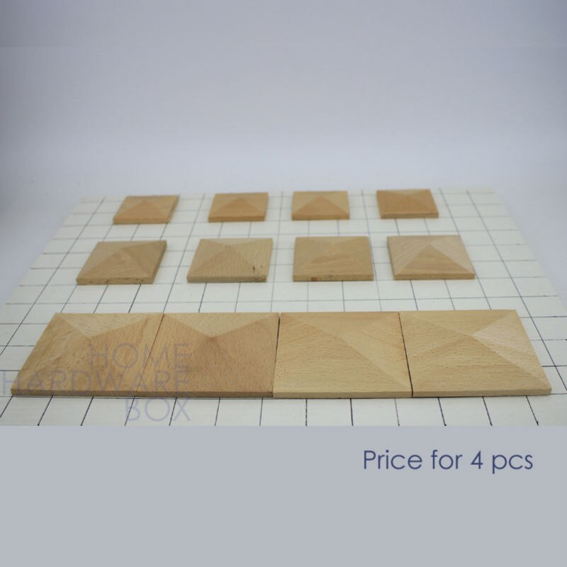 4 onlay furniture decorative piece carved wood unvarnished pyramid square block 2"(50mm)
