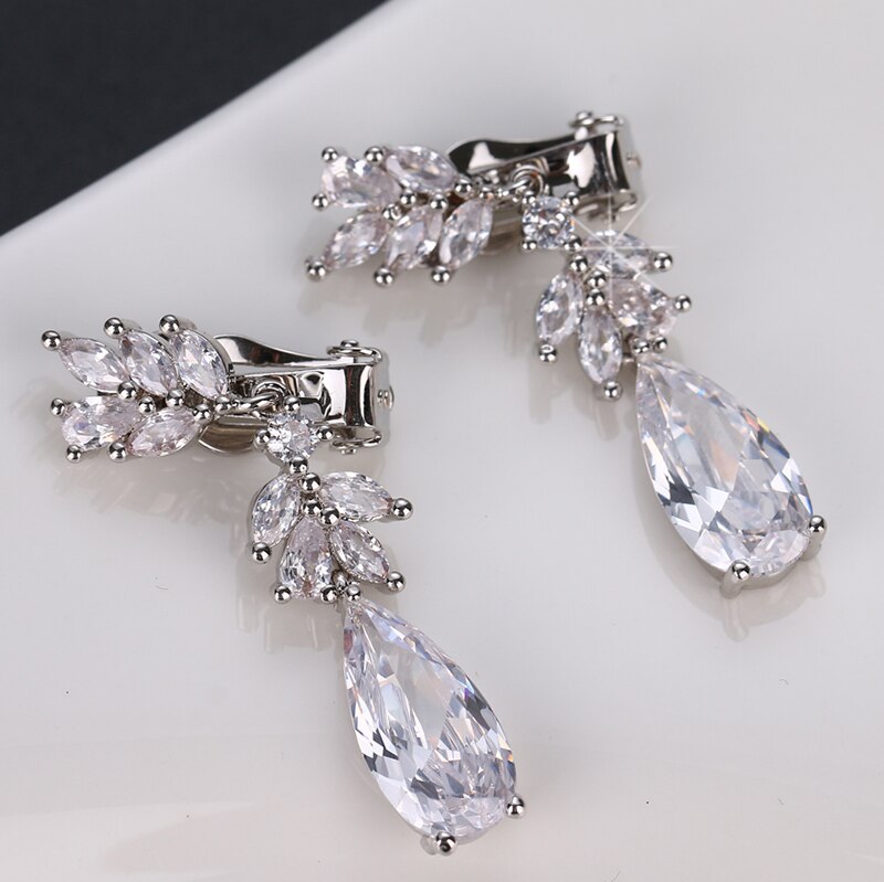 Leaf Zircon Clips Earrings for Women Silver Color Water Clip Earings Long Crystal Wedding Ear Cuff Jewelry