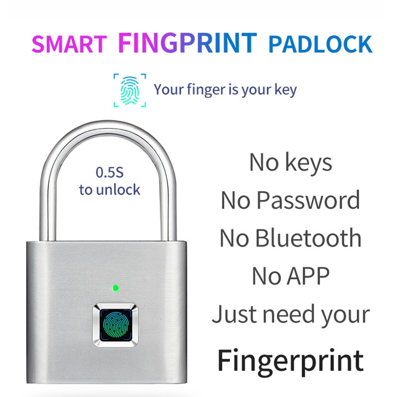 Smart Biometric Thumbprint Door Padlocks Rechargeable Door Lock Fingerprint Smart Padlock USB Keyless Quick Unlock
