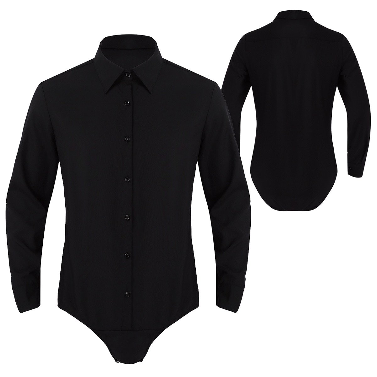 Adultes hommes une-pièce col rabattu manches longues bouton vers le bas couleur unie décontracté body chemise hauts pour rencontres fête formelle: Black / XXL