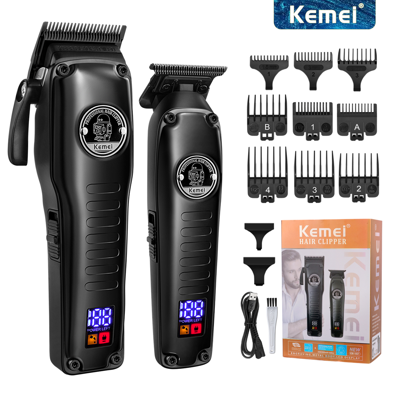 KEMEI Hair Clipper Trimmer Set Hair Cutting Machine Cordless Barber Clipper LED Display Beard Trimmer Men