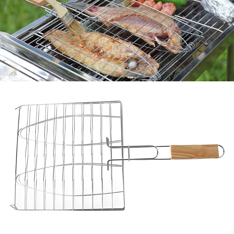 Grill grillkurv grill bbq netto træhåndtag kød fisk vegetabilsk værktøj mar 28