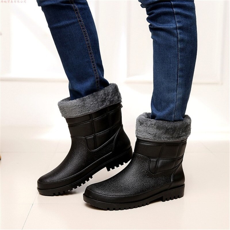 Plus size leather pattern men's rain boots plus velvet cotton warm short tube rain boots fishing anti-slip shoes rubber shoes