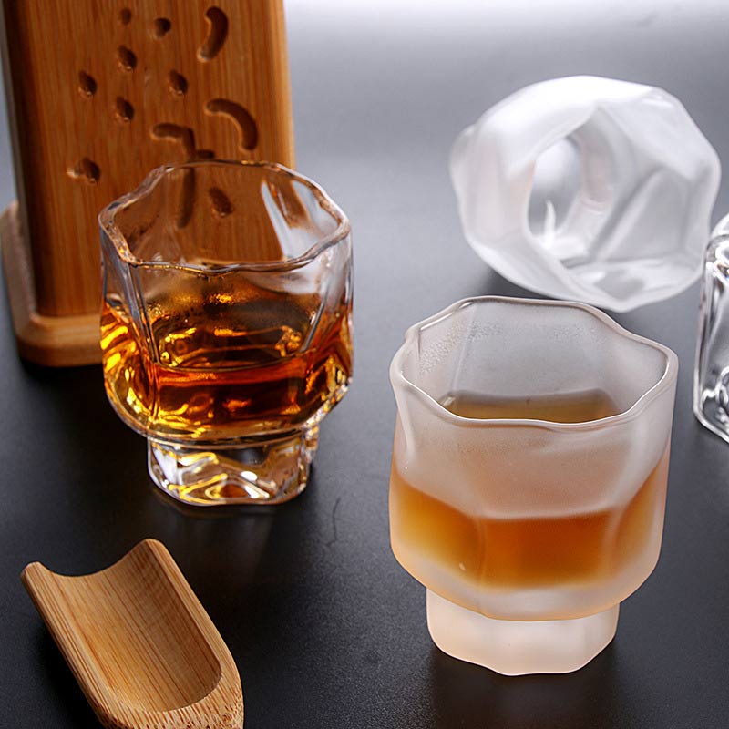 2Pcs Japanese Style Origami Shape Glass Cup Transparent Frosted Whiskey Glass Espresso Cup Shot Glass Home Tea Cup 60ml