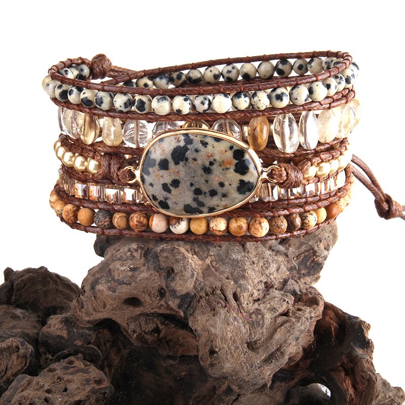 Rh Mode Boho Armband &amp; Kralen Armbander Zwarte Natuursteen Charm Geweven Wrap Armbanden: Dalmatian Jasper