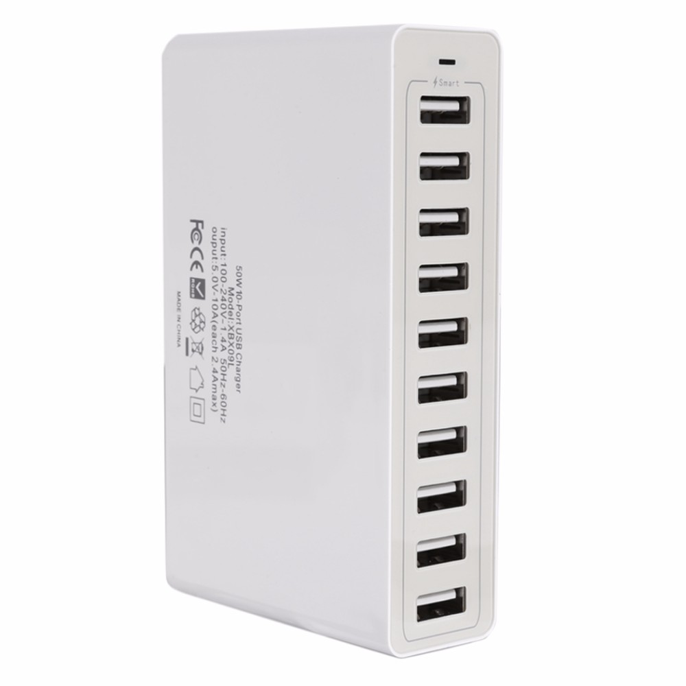 Multi-usb-ladegerät mit 10 anschlüssen, tragbar, multifunktional, universell, mit netzkabel und stecker für us, au, eu und uk.: Weiß / Uns