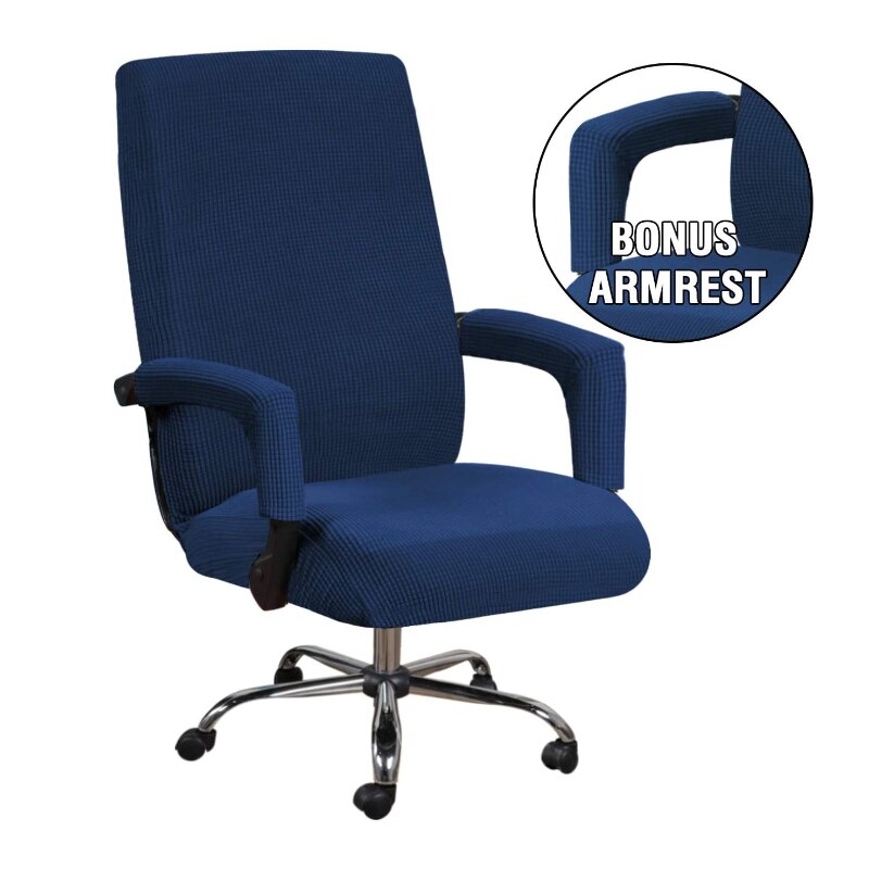 Spandex Computer Chair Cover Stretch Office Chair Cover Dustproof Seat Case Protector Removable Slipcovers With Armrest Covers: Navy Blue / L 2pcs Armrest cover