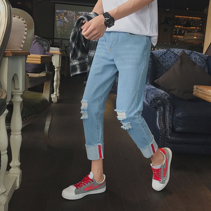 Ripped Hole Denim Cowboy Pants For Men Korean Slim Feet Male Jeans Beggar Youth Man Clothes Hip Hop Jeans: M