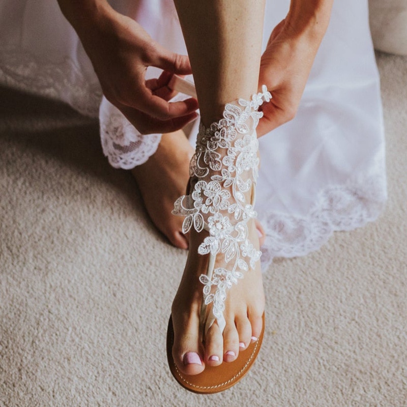 1 par brude barfodet sandaler sko tilbehør ankelbånd pailletter blonder bryllup dekor kæde kvinder dame strand fod smykker kæde