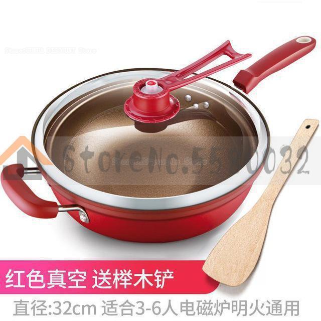 32Cm Ijzeren Pot Huishouden Keuken Inductie Fornuis Universele Pan Vacuüm Wok Non Stick Pan Geen Olie Rook Pot Pan met Cover: 1