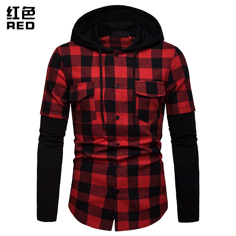 Mænds casual slim fit skjorte plaid hætte med to lommer langærmet top skovhugger ternet skjorte jack tøj 205 #39: Rød / M