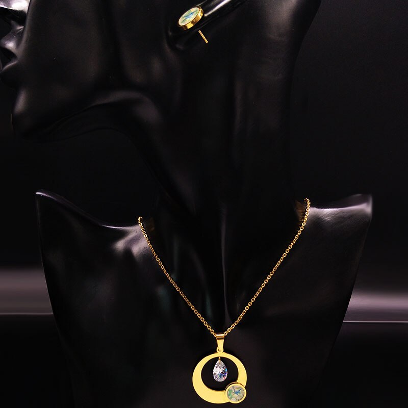 ! Conjuntos de joyas de cristal y acero inoxidable para mujer, collar con pendientes de Color dorado, conjuntos de joyas de Dubái, pendientes para mujer S178485