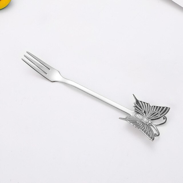 Dessert Cake Fork Stainless Steel Coffee Spoon Butterfly Fruit Fork Milk Shake Spoon Reusable Spoon Smoothie Spoon: Silver-Fork