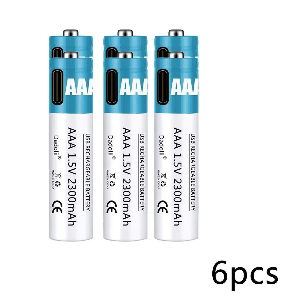 Nueva batería recargable AAA de 1,5 V, batería AAA recargable de 2300mAh, batería de polímero de litio, carga rápida mediante Cable USB tipo C: Plata