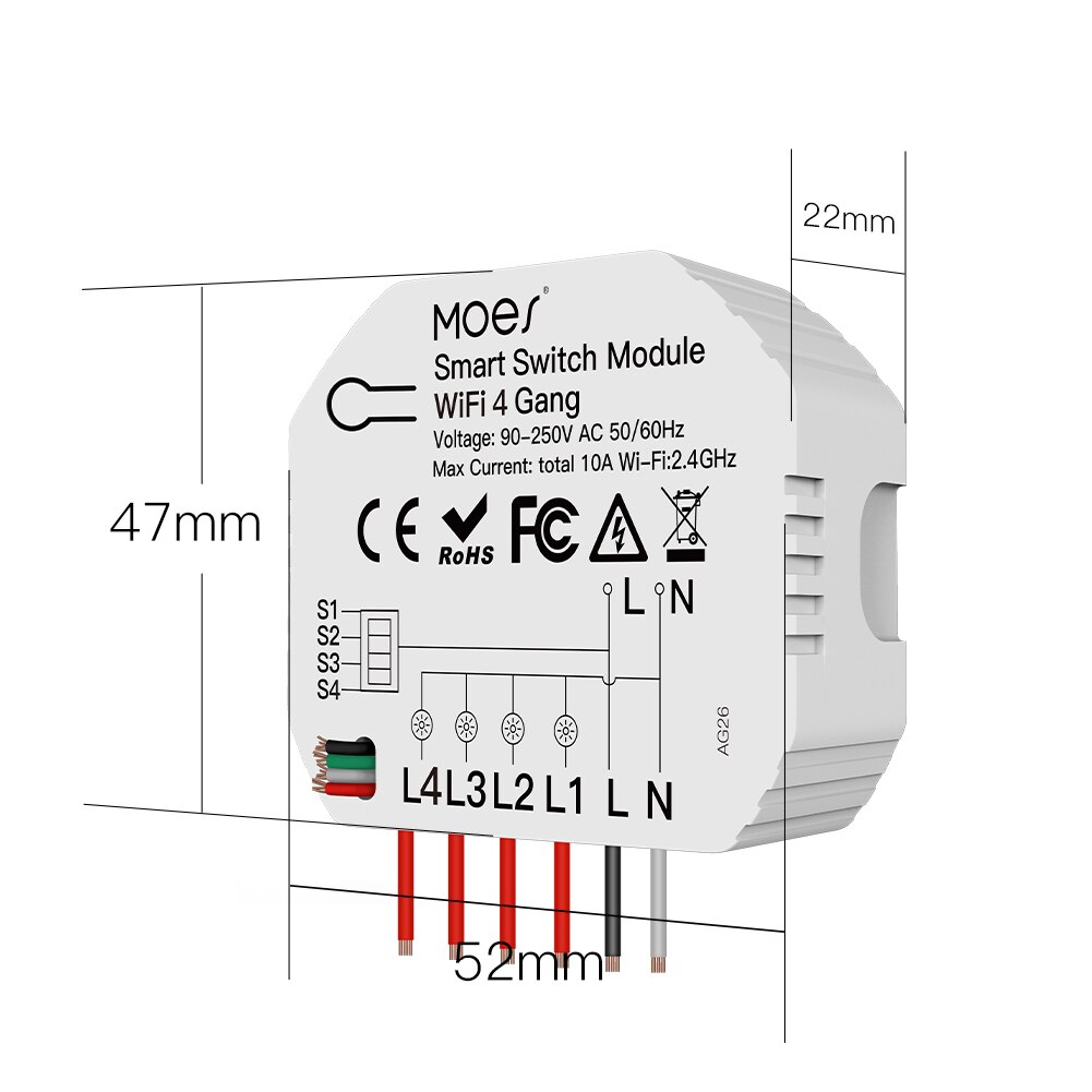 4 Gang Wi-Fi Switch Module Light Switch Voice APP Remote Control Share Function DIY Breaker Module 2 Way Feature (AC 90-250V)