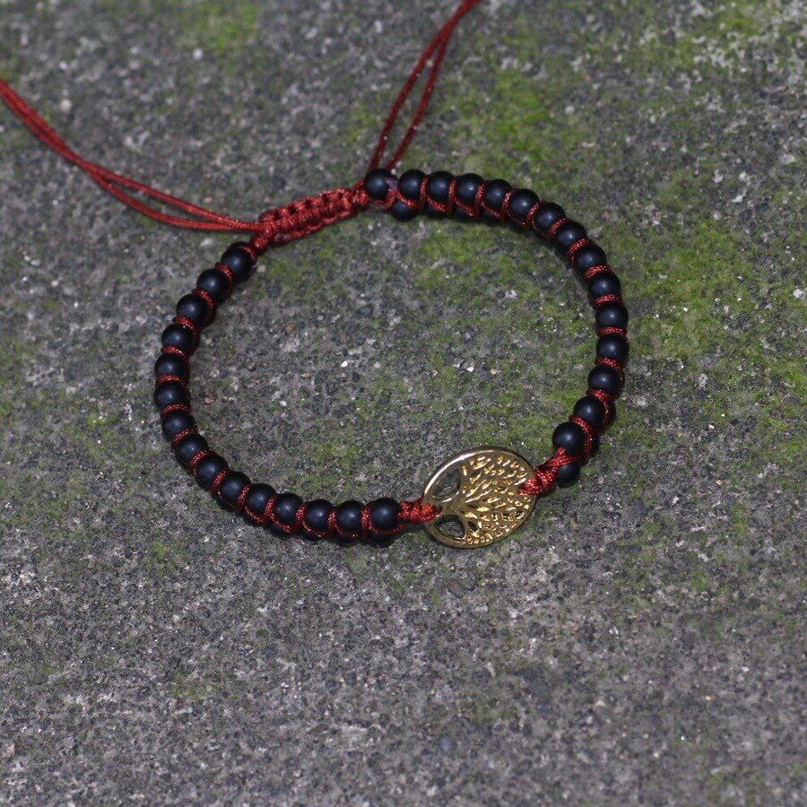 Árvore de pedra natural da vida yoga chakras contas frisado pulseiras corda de couro artesanal tecido wrap pedra ajustável casal pulseira: Black