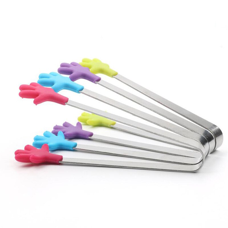 4 Colors Palm Salad Serving BBQ Tongs Stainless Steel Handle Utensil Hand Shape Kitchen Cooking Tools Mini Silicone Food Clip