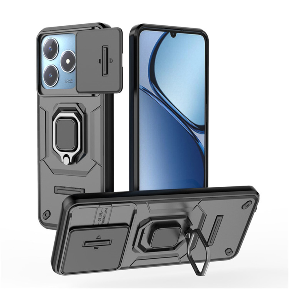 Dla OPPO Realme C61 C63 etui luksus pierścień + Ruchome okno Tylna pokrywa etui pancerne Dla OPPO Realme Narzo N63 C 61 C 63 etui na telefon: PŁÓTNO / Beżowy