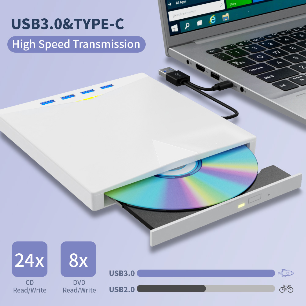 External CD DVD Drive with 4 USB Ports and 2 TF/SD Card Slots, USB 3.0 Portable CD/DVD Disk Drive Player Burner Reader Writer