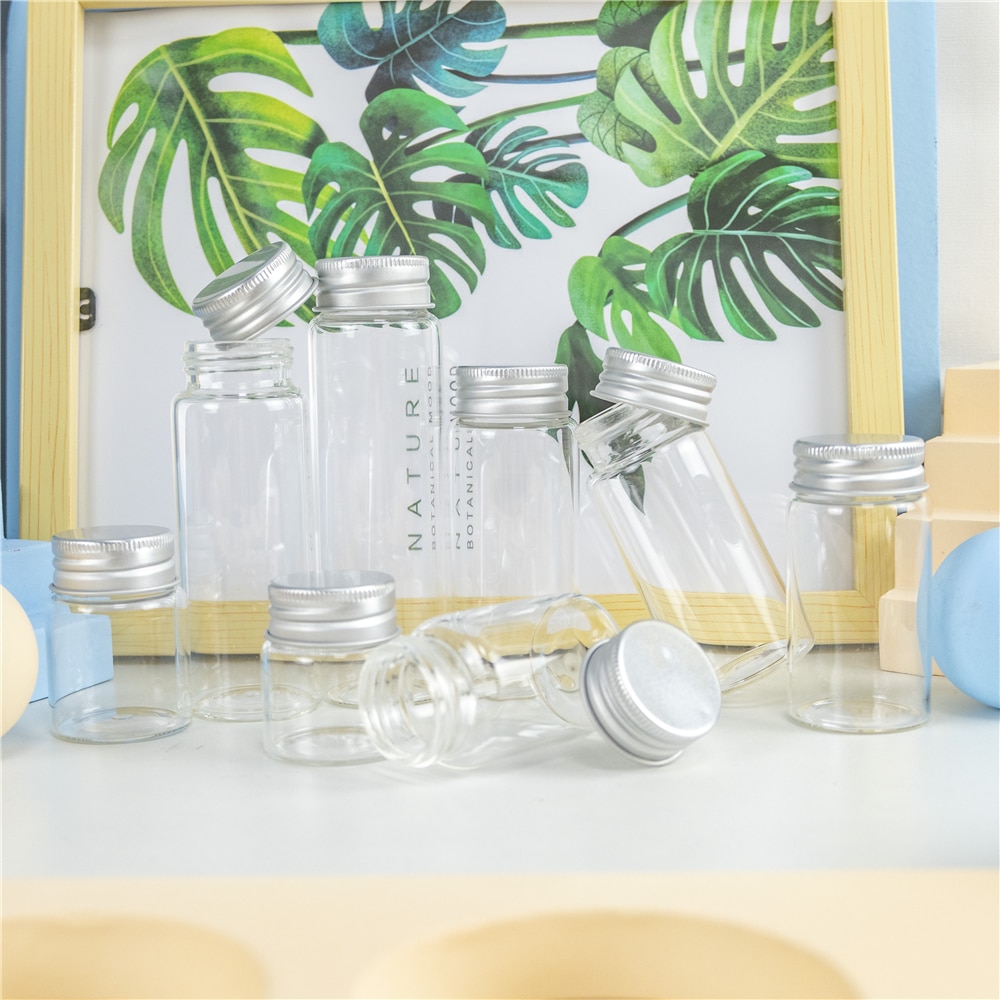 6Pc 25Ml 30Ml 40Ml 50Ml 60Ml 70Ml 80Ml 90Ml Mini Glas clear Fles Met Zilveren Schroef Aluminium Cap Voedsel Container Potten Flesjes