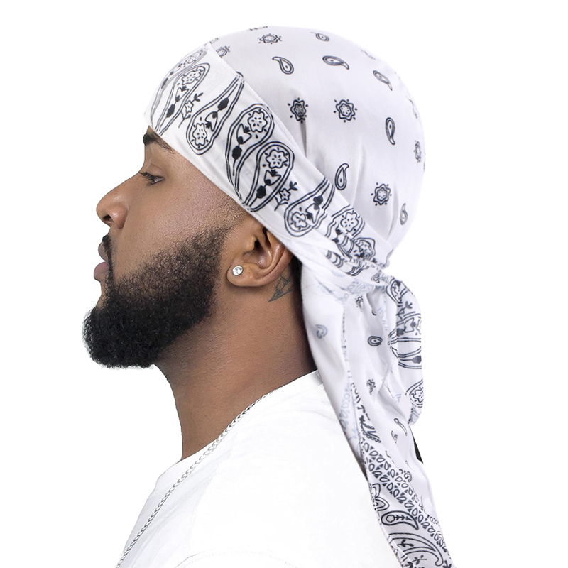 Men's Silky Durags African Print Headwrap for Women Long Tail Pirate Hat Biker Hear Wear Bandanas Turban Hair Accessories: WHITE