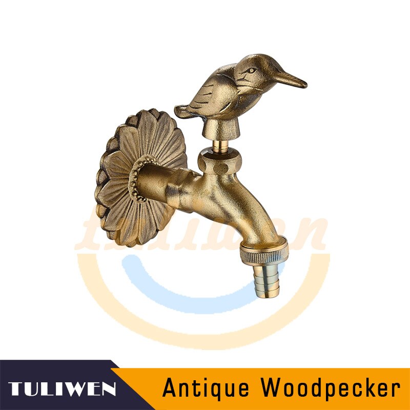 Decorative Antique Brass Garden Outdoor Faucet Cold Water Tap - With a Set of Brass Quick Connecter for 1/2&quot; Inches Hose: Woodpecker-A