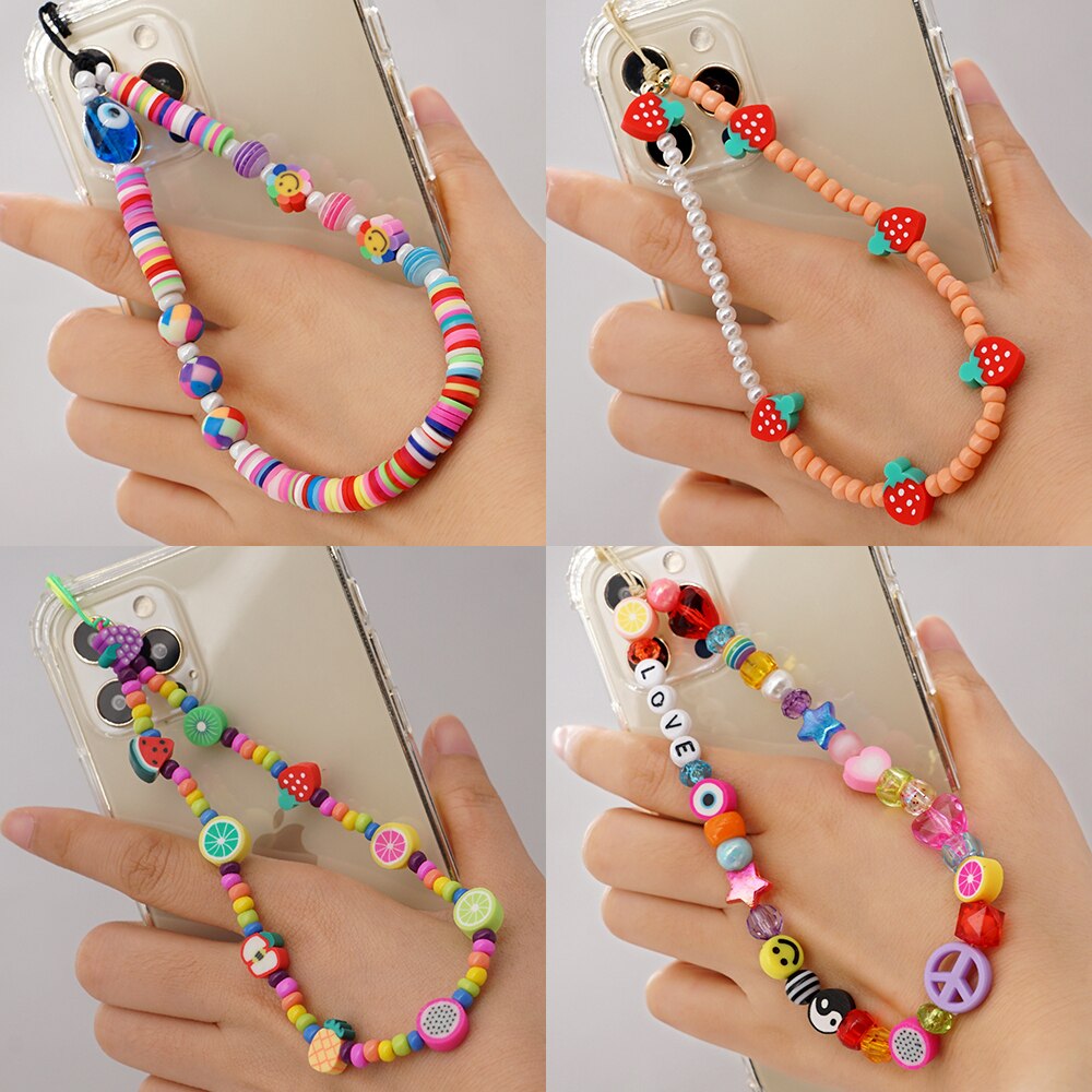 Kleurrijke Acryl Kraal Glimlach Mobiele Telefoon Keten Mobiele Telefoon Strap Anti-Verloren Lanyard Voor Vrouwen Meisjes Zomer Sieraden