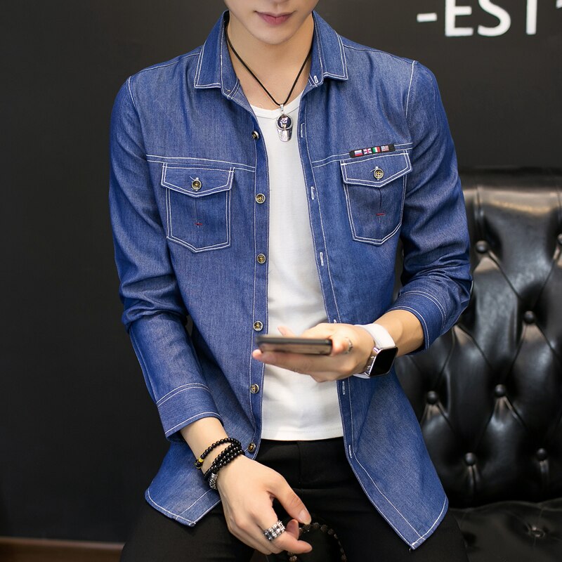 Jeansskjorta herr snygg casual slim fit herr långärmade skjortor solid bomull fram dubbelficka jeansskjortor herr