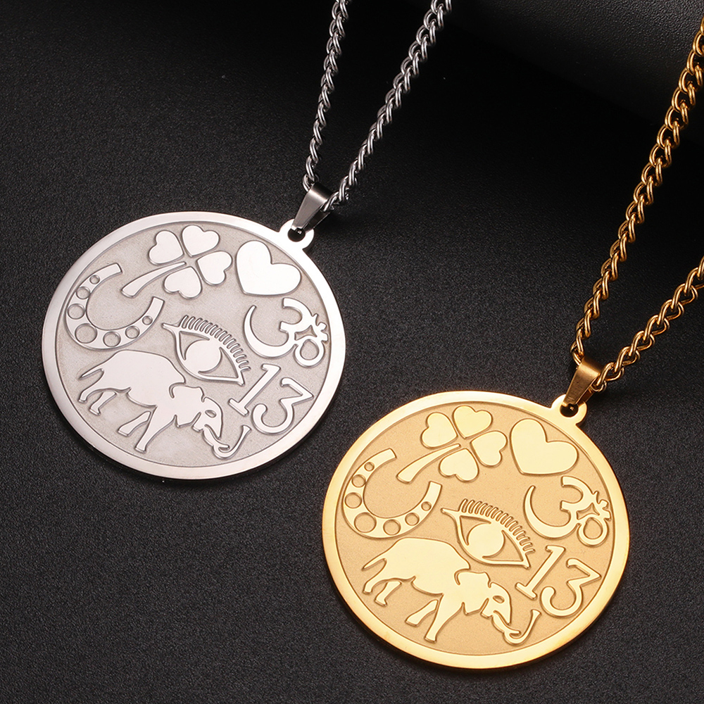 Colar de homens Sorte Elephant Medallion colar poderoso amuletos de proteção Quatro folhas Clover Ohm Symbol Horseshoe Evil Eye colar jóias de aço inoxidável