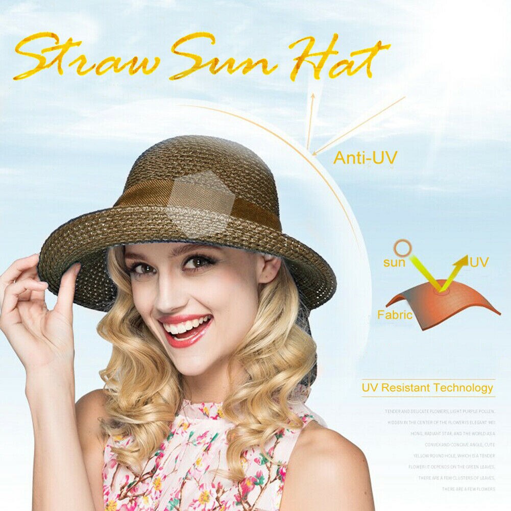 DRESHOW vrouwen stro Panama hoed Fedora strand zonnehoed brede rand