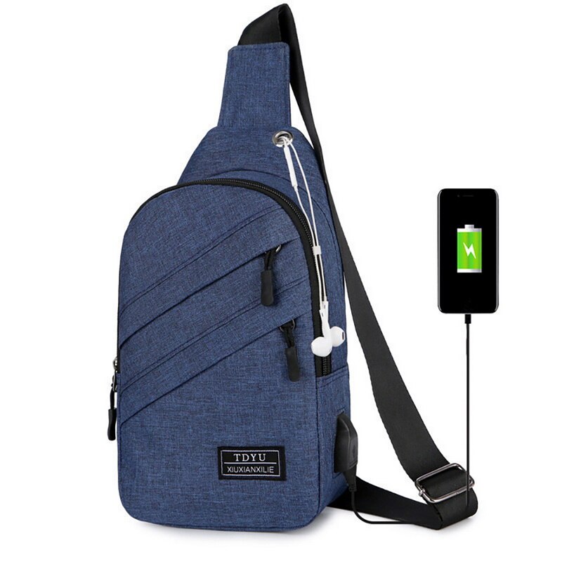 Men Crossbody Bag Waterproof Chest Bags with Headphone Hole USB Charging Port Outdoor Travel Shoulder Bags Anti-theft Pack: Blue