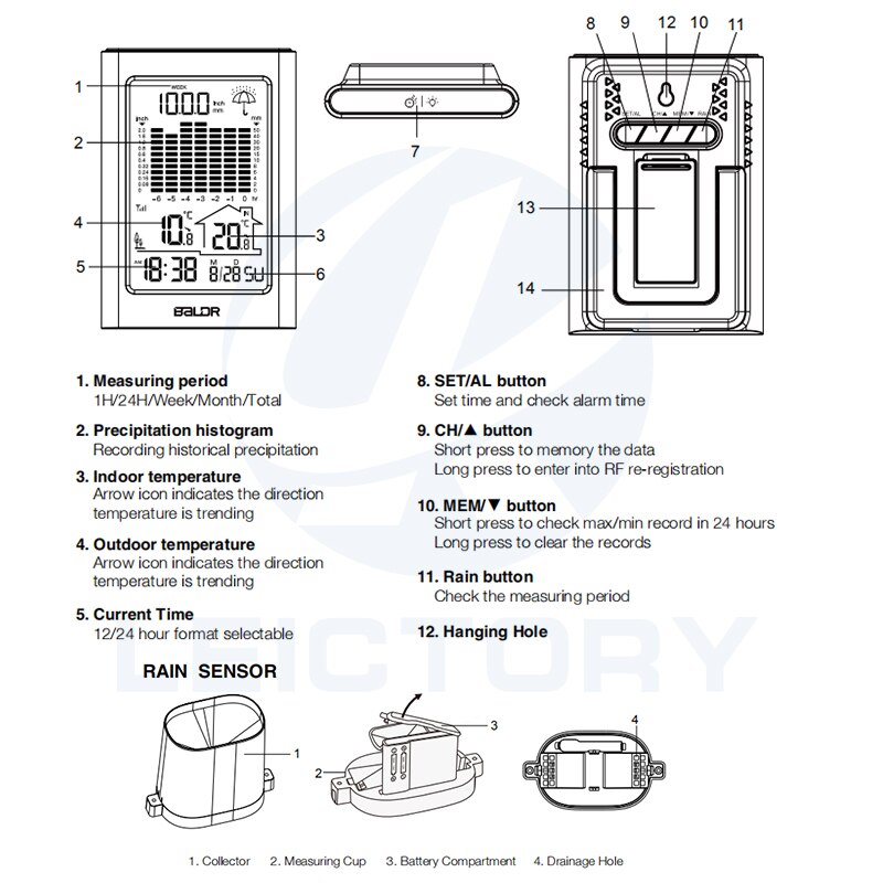 Wirless Regen Gauge Met Orange Backlight Kalender Wekker Weerstation Regen Meter