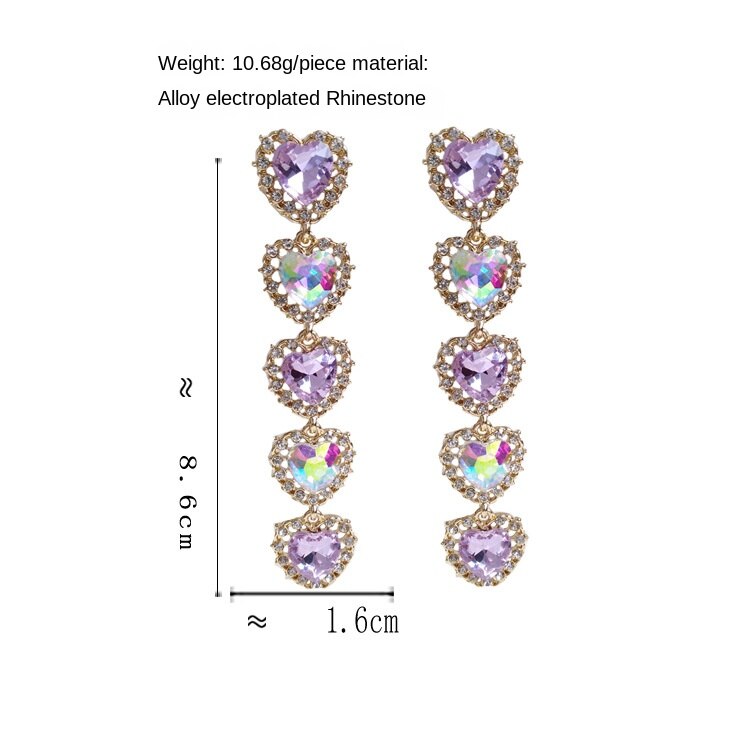韓国スタイルの気質高級ロングビッグ紫色の愛のハート型のシャイニーラインストーンクリップイヤリング以外のピアスのイヤリング